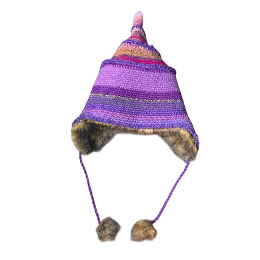 Funky Crochet Chunky Knit Pointed TRAPPER Hat Faux FUR lined Adult - Picture 10 of 11